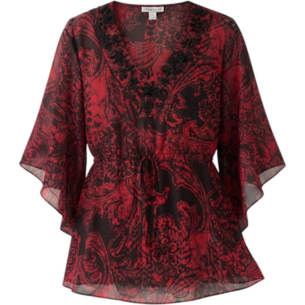 Coldwater Creek Beaded Paisley Sheer Black Red Kaftan Blouse 2X 20W-22W